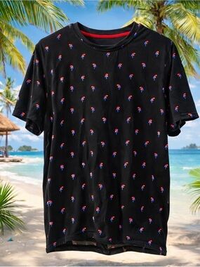 Men's Black Short-Sleeve Tropical Print T-Shirt Size Large